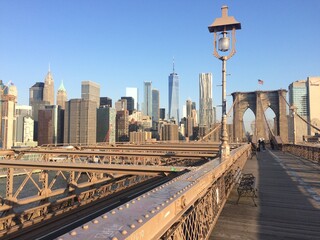 Empty Brooklyn Bridge walkway in New York City, United States. City skyline in the background