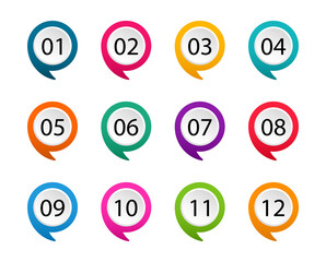 Number bullet point from one to twelve. Colorful markers. Modern flags points. Vector illustration.