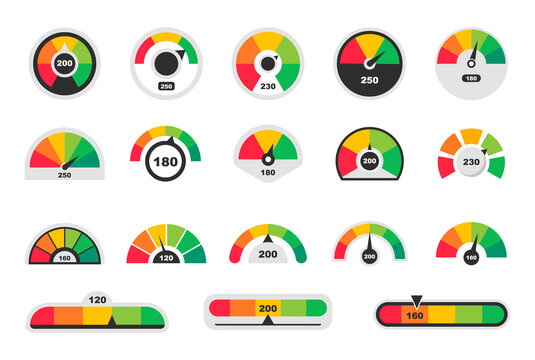Business credit score indicators. Speedometer icons. Colored scale speedometers. Vector illustration.