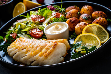 Fish dish - fried cod fillet with potatoes and vegetable salad on black wooden table
