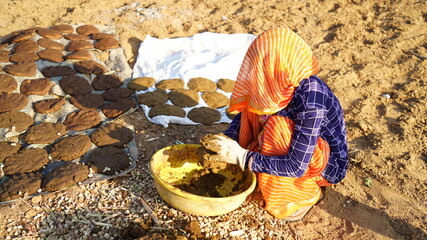 Indian woman preparing cow dung and making dung cakes for sacred festivals. Religious culture to make cow dung cakes on Holi festival in Hindu religion.