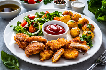 Fried breaded chicken nuggets with fried potatoes  and fresh vegetables

