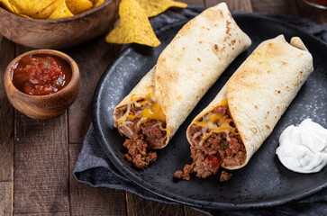 Beef Burrito With Refried Beans and Cheese - 411492565