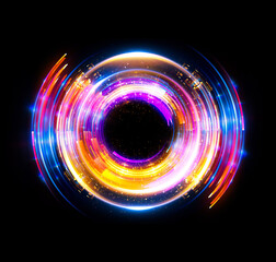 Vivid abstract background. Beautiful design of rotation frame.  .Mystical portal. Bright sphere lens. Rotating lines. Glow ring. .Magic neon ball. Led blurred swirl. Spiral glint lines. HUD