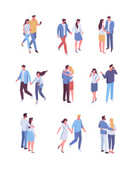 Fototapeta na wymiar Couple in love spending time together, isometric people vector set isolated on white. Men and women. 
