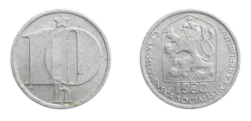 ten czechoslovakia koruna coin on white isolated background - obrazy, fototapety, plakaty