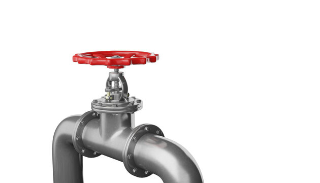 3D render glossy metal pipe with valve on a white background.Illustration of a digital image for industrial.