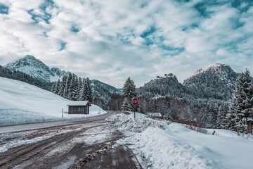 view of the medieval castle ruin Ehrenberg in Austria. Winter landscape.