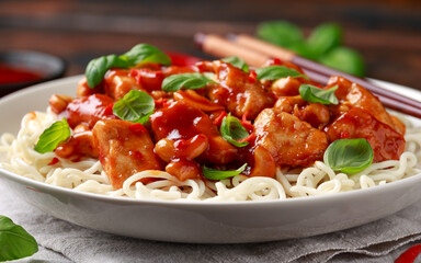 Sweet Chilli Chicken with noodles on wooden table. asian food