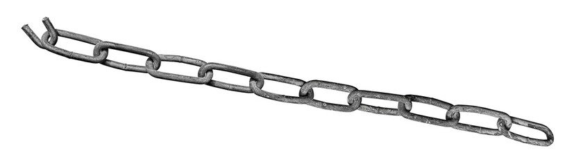 Metal chain with one torn broken link isolated on a white background 