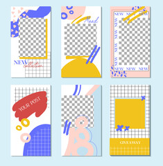 Bundle of editable insta story templates with copy space for text. Modern layouts.Trendy design for social media marketing,digital post,prints. Nineties Layout. Cell, lines, spots
