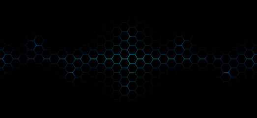 Abstract technology futuristic concept dark hexagons pattern with glowing blue bright energy flashes under hexagon background.