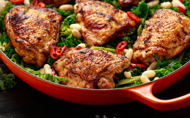One-pot braised chicken thighs with kale and cannellini beans served with chili peppers
