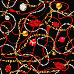 3d vector illustration with cords, jewelry, chains, beadworks and crystals. Seamless vector illustration. 