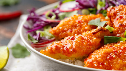 Korean Fried chicken with red cabbage salad and white rice. Asian food