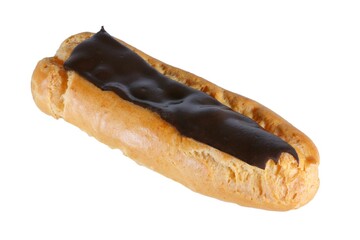 Traditional french dessert. Isolated eclair with custard and chocolate icing on white background.