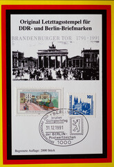 GERMANY, DDR - CIRCA 1991 : a postage stamp from Germany, GDR showing a historical commemorative card with stamps for the last day of GDR postage stamps and postage stamps from West Berlin
