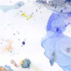 Watercolor illustration. Texture. Watercolor transparent stain. Blur, spray. Blue color.
