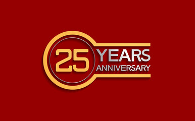 25 years anniversary golden and silver color with circle isolated on red background use for party and celebration special moment