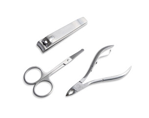 stainless steel Nail cilpper, Nail scissors isolated top view on pink background for beauty care concept