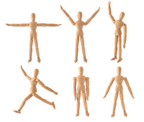 Wooden dolls with different postures Isolated on white background