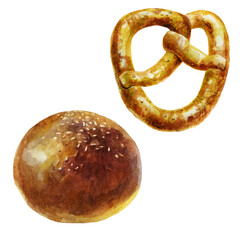 Watercolor illustration, bun set. Rich pastries. Sesame seed bun. Sesame pretzel.