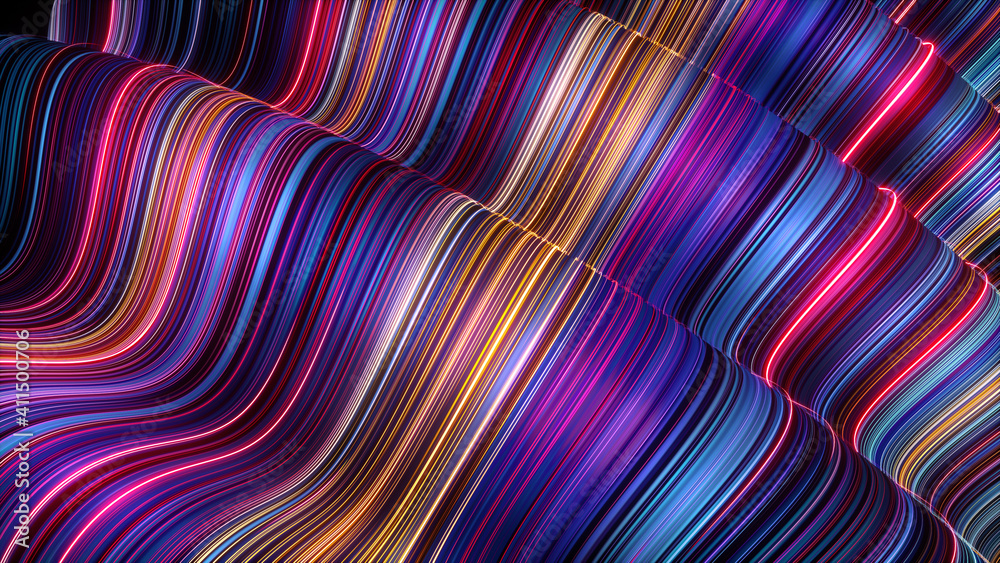 Wall mural 3d render, abstract wavy background with ultra violet neon rays and glowing colorful lines