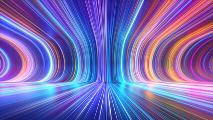 3d render, abstract multicolor spectrum background, bright orange blue neon rays and colorful...