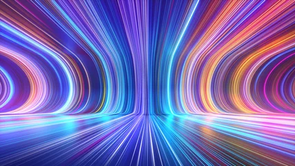 Fotobehang 3d render, abstract multicolor spectrum background, bright orange blue neon rays and colorful glowing lines © NeoLeo
