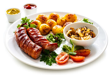 Fried sausages, fried potatoes, onion and fresh vegetables on white background
