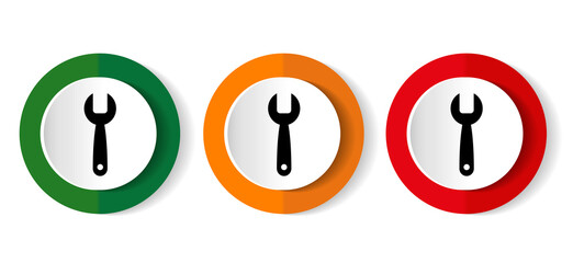 Tool vector icon set, flat design wrench buttons on white background for webdesign and mobile phone applications