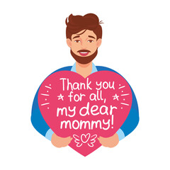 An adult young son holds a big heart in his hands with the inscription 