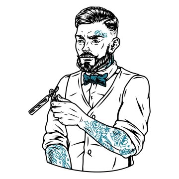 Tattooed bearded and mustached barber
