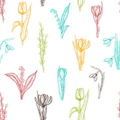 Spring seamless pattern with hand drawn flowers lilies of the valley, willow, tulip, snowdrop, crocus. Pattern can be used for wallpaper, web page background, surface textures.