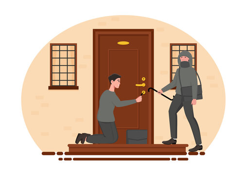 Two male burglars breaking into house with master key. Concept of home break-in and lockpicking. Thief opens interior door. Flat cartoon vector illustration