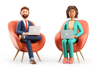 3D illustration of smiling bearded man and african american woman using laptops and sitting in chairs. Cute cartoon businessman and businesswoman working in office, isolated on white.