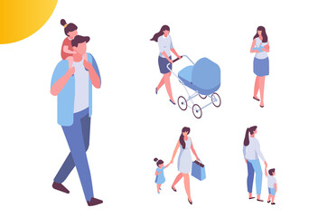 Parents with children isometric people set isolated on white background. Happy family with kids together, mother with pram. Parenting. Mother care.