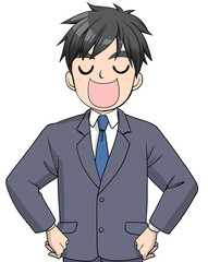 腰に手を当てて笑顔で会話するスーツの男性