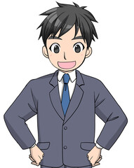 腰に手を当てて笑顔で話すスーツの男性