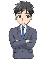 腕組みをして考えごとをしているスーツの男性