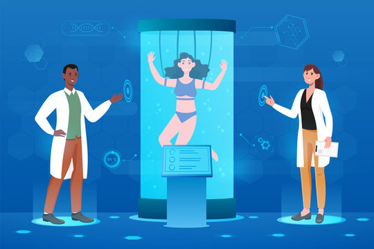 Male and female scientists standing near capsule with frozen human body. Concept of cryonics technology, cryoconservation scientific investigation and medical cloning. Flat cartoon vector illustration