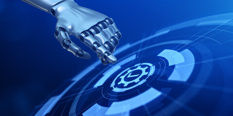 Quality control check. Standards assurance warranty. Robotic hand pressing button on screen 3d render.