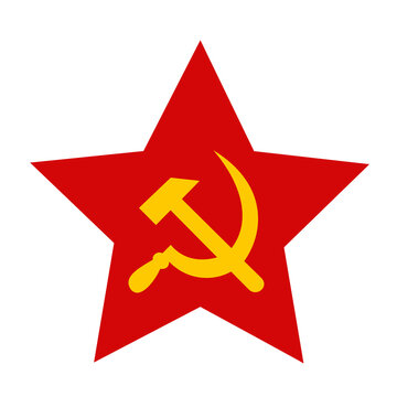Red star with hammer and sickle - symbol and sign of communism and socialism. Vector illustration isolated on white.