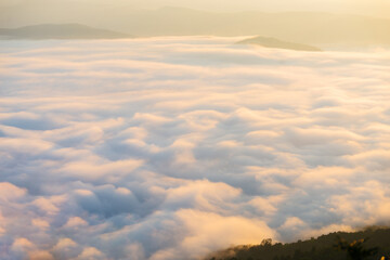 landscape in thailand sunrise on mountains peaceful with mist and sunlight at morning picturesque scenery outdoors travel.