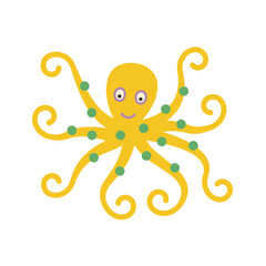 Cartoon stylized octopus with long tentacles. Funny marine animals. Hand-drawn vector. Yellow, green and pink colors. Inhabitants of the aquarium, ocean. Design element for children illustrations.