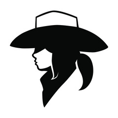 Black and white cowgirl wearing bandana portrait side view symbol on white backdrop. Design element