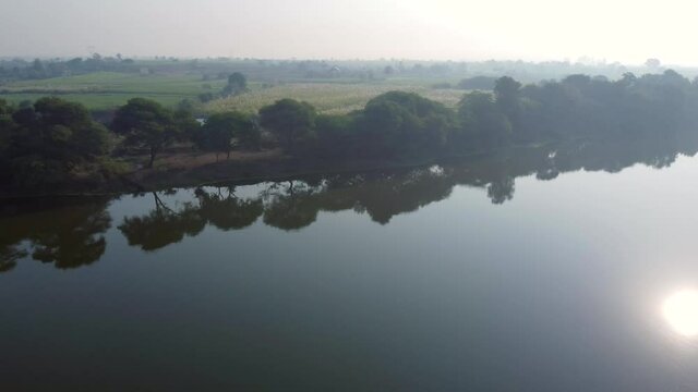 Aerial footage of scene at the confluence of rivers BhimaBhama and Indrayni at Tulapur near Pune India.