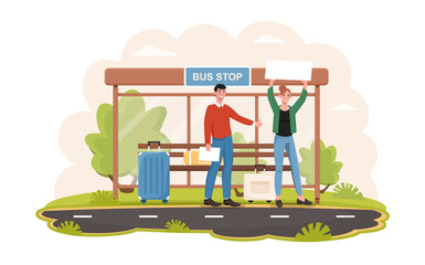 Young couple with luggage standing at the bus stop near road and hitchhiking. Couple of backpackers travel hiking a car on roadside. Flat cartoon vector illustration