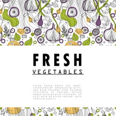 Banner of vegetables vector illustration in scandinavian style. Linear graphic. Vegetables background. Healthy food isolated on grey background. © Iuliia
