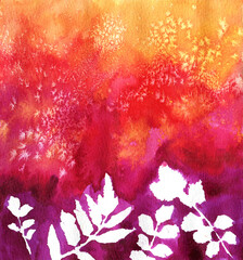 Watercolor colorful orange purple pattern with white leaves